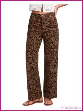 Wide Leg High Waisted Leopard Print Jeans Stretch Denim Pants